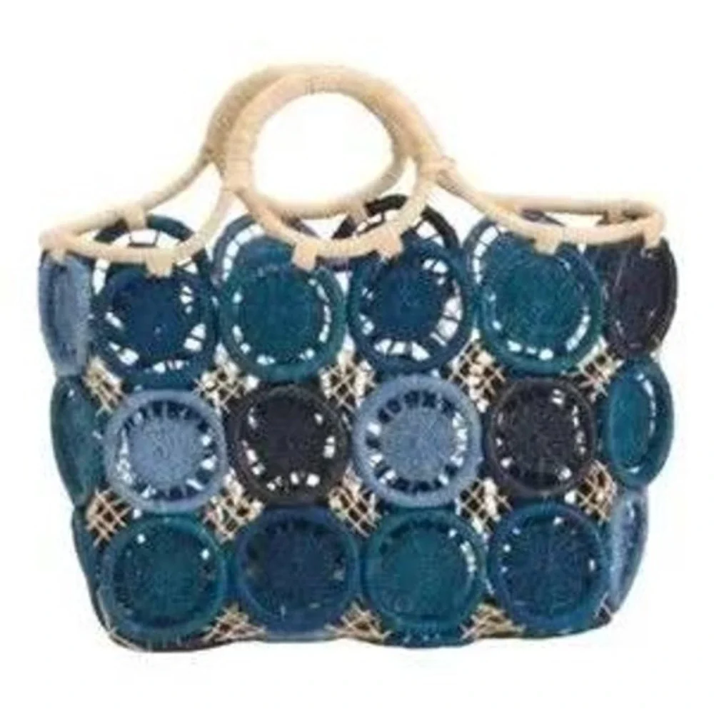 HAT ATTACK Medallion Straw Woven Tote Bag‎ Beach Bag 18X15 Blue